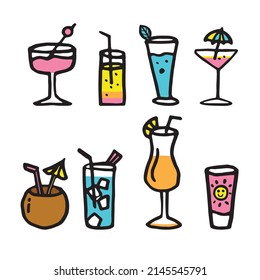 Cocktails doodle set. Vector illustration.