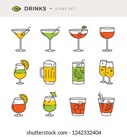 Cocktails drinks color icons set