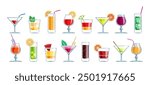 Cocktails and drinks emblem set. Drink alcohol cocktail with straw ice cube fruit etc isolated vector illustration