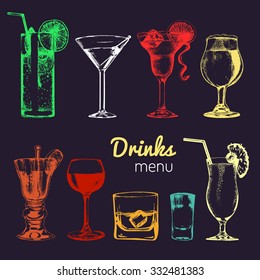 Cocktails, drinks and glasses for bar, restaurant, cafe menu. Hand drawn different alcoholic beverages vector illustrations set: scotch, shot, mojito, vodcatini, beer, red wine, margarita etc.