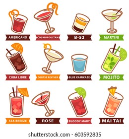 Cocktails drinks in glasses vector flat icons. Set of alcohol and soft drinks or refreshments for cocktail party or bar menu design element
