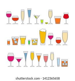 Cocktails, drinks glasses vector icons set of alcohol drinks. isolated on white background vector illustration. Holiday celebration.