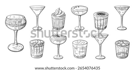 Cocktails and drinks hand drawn set isolated on white background. Vintage sketchs of alcoholic party cocktails. Vector illustration