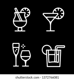 Cocktails and drinks icon set. Outline icons set of beverages and glasses, pictogram for web design isolated on black background