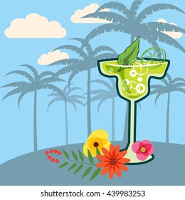 Cocktails, drinks, palm trees, flowers, flyer, banner, vector illustration