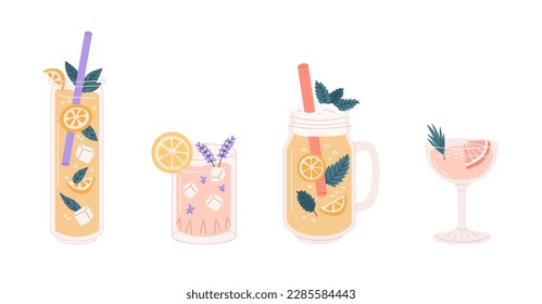 Cocktails drinks set. Refreshing cocktails in glasses. Vector illustration of summer drinks with ice and fruits - lemon, grape. Bar summer menu.