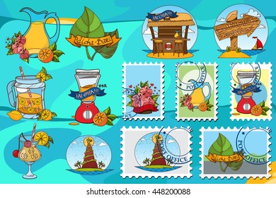 Cocktails, drinks, signboard set of illustrations on the theme of summer cafe and the resort.