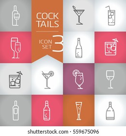 Cocktails and drinks Vector contour icons with color modern background