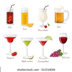 Cocktails and drinks vector illustration with red wine beer cola juice