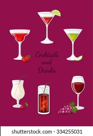 Cocktails and drinks vector illustration with red wine beer cola martini cosmopolitan