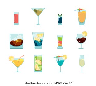 Cocktails flat icon. Alcoholic summer party drinks in glasses cuba libre cosmopolitan vodka mojito vector icon collection isolated on white