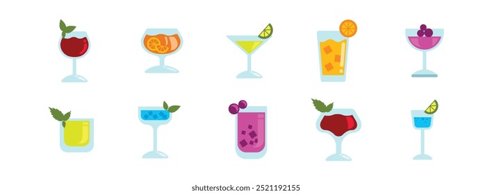 Conjunto de ilustrações plano Cocktails. Inclua bebida, coquetel, bebida, bar, festa, vidro, margarita e muito mais. Ilustração vetorial isolada.