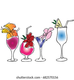 Cocktails with flowers and pineapple hand drawn. Tropical set