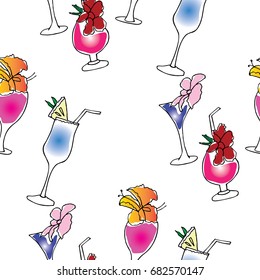 Cocktails with flowers and pineapple pattern hand drawn. Tropical set