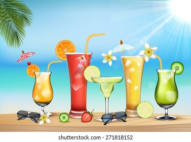 Cocktails in front of beach and sea.vector