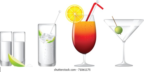 cocktails, gin and tonic, tequila sunrise, martini and tequila shot