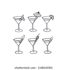 Cocktails in a glass cup. Set of different  cocktail drinks with clean black outline. Refreshing summer drinks. Different cocktail martini glass cups. Decorated martini glass cups illustration. 