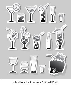 Cocktails and glasses with alcohol on stickers