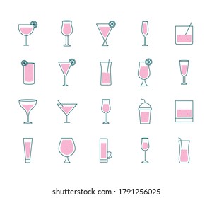 Cocktails glasses cups line and fill style icons bundle design, Alcohol drink bar and beverage theme Vector illustration
