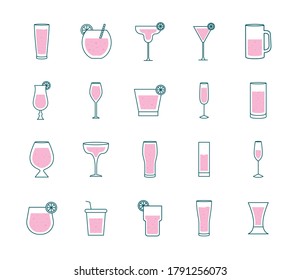 Cocktails glasses cups line and fill style bundle of icons design, Alcohol drink bar and beverage theme Vector illustration