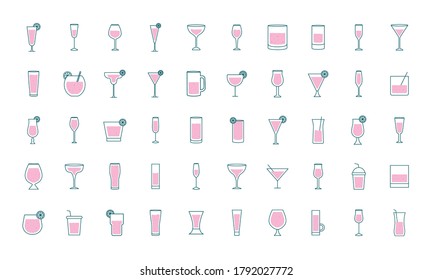 Cocktails gafas de copas línea y relleno estilo 50 diseño conjunto de iconos, barra de bebidas alcohólicas y tema de bebidas Ilustración vectorial