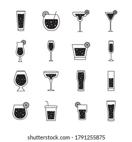 Cocktails glasses cups silhouette style collection of icons design, Alcohol drink bar and beverage theme Vector illustration