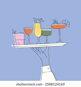 Cocktails in glasses and goblets on tray. Poster with waiter hand holding alcoholic drinks on tray.  Illustration for bar or party. Flat vector illustration