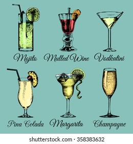 Cocktails and glasses. Hand sketched color alcoholic beverages. Vector set of drinks illustrations: pina colada, margarita, mojito, vodkatini, champagne, mulled wine isolated.