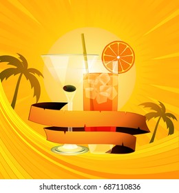 Cocktails Glasses with ice cubes and Orange Wrapped in a Vintage Banner Over Tropical Background