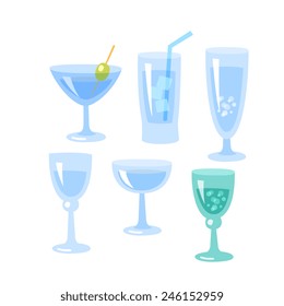cocktails glasses set, cartoon flat style, isolated color vector art illustration icon.