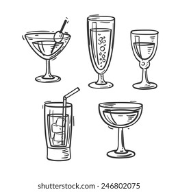 Cocktails glasses set. Hand drawn doodle style isolated abstract vector art illustration icon. Design for stickers, logo, web and mobile app.