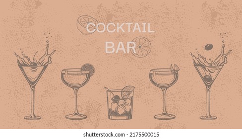 Cocktails grunge alcoholic daiquiri, old fashioned, manhattan, martini, sidecar glass hand drawn engraving vector illustration. Isolated black and white vintage style drinks set. 