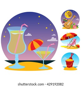 Cocktails, guitar, beach chair, toy bucket. Set of color illustrations on the theme of summer.