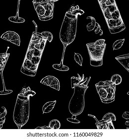 Cocktails hand drawn seamless pattern. Vector illustration. Alcoholic cocktails sketch set. Engraved style. Design template for bar.