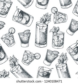 Cocktails hand drawn seamless pattern. Vector illustration. Alcoholic cocktails sketch set. Engraved style. Design template for bar.