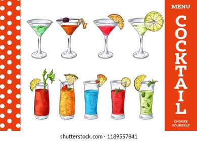 Cocktails hand drawn set in sketch style. Alcoholic drinks in different glass isolated on white background.Beverage elements for bar menu or poster. Vector illustration