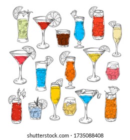 Cocktails hand drawn set in sketch style. Alcoholic drinks in different glass isolated on white background.Beverage elements for bar menu or poster. Vector illustration.