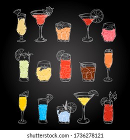 Cocktails hand drawn set in sketch style. Alcoholic drinks in different glass isolated on chalk background.Beverage elements for bar menu or poster. Vector illustration.