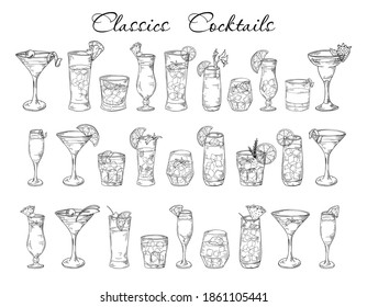 Cocktails hand drawn set in sketch style. Alcoholic drinks in different glass isolated on white background.Beverage elements for bar menu or poster. Vector illustration