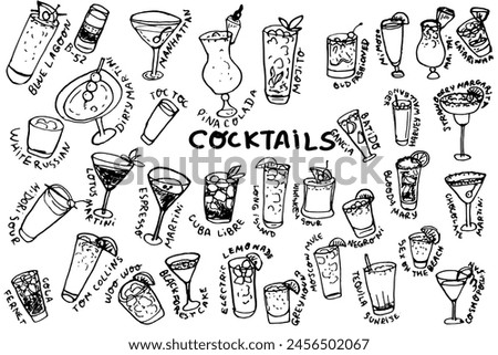 Cocktails hand drawn set. Vector illustration isolated on white background. For packaging, wall art, posters, branding,  magazines, book cover, blogs,  business, social media, greeting cards,  banner,