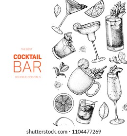 Cocktails hand drawn vector illustration. Alcoholic cocktails sketch set. Engraved style. Design template for bar. Margarita, bloody mary, moscow mule, bellini, cosmopolitan, old fashioned.