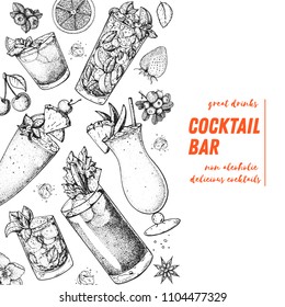 Cocktails hand drawn vector illustration. Alcoholic cocktails sketch set. Engraved style. Design template for bar. Mojito, bloody mary, pina colada, mint julep, mai tai, singapore sling.