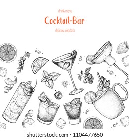 Cocktails hand drawn vector illustration. Alcoholic cocktails sketch set. Engraved style. Design template for bar. Tom collins, mai tai, manhattan, negroni, moscow mule, margarita.