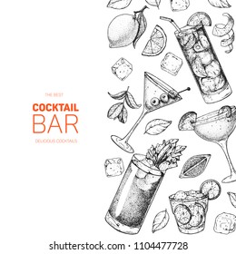 Cocktails hand drawn vector illustration. Alcoholic cocktails sketch set. Engraved style. Design template for bar. Bloody mary, dry martini, caipiroska, sidecar, long island iced tea.