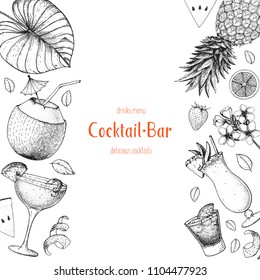 Cocktails hand drawn vector illustration. Alcoholic Cocktails sketch set. Engraved style. Design template for bar. Tropical set. 