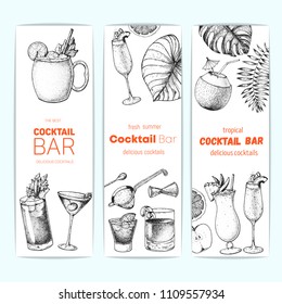 Cocktails hand drawn vector illustration. Alcoholic cocktails sketch set. Vertical banner collection. Design template for bar. Moscow mule, bloody mary, manhattan, bellini, sazerac, pina colada