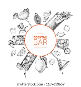 Cocktails hand drawn vector illustration. Alcoholic cocktails sketch set. Engraved style. Design template for bar. 