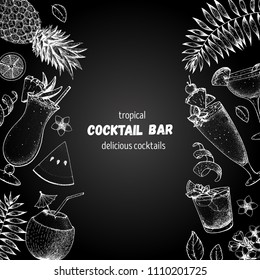 Cocktails hand drawn vector illustration. Alcoholic cocktails sketch set. Engraved style. Design template for bar. Tropical set. Pina colada, coconut cocktail, mai tai, singapore sling, sidecar.