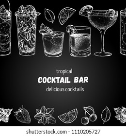 Cocktails hand drawn vector illustration. Alcoholic cocktails sketch set. Engraved style. Design template for bar. Tom collins, mojito, mai tai, sazerac, sidecar.