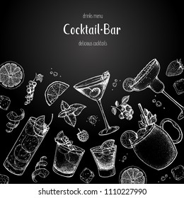 Cocktails hand drawn vector illustration. Alcoholic cocktails sketch set. Engraved style. Design template for bar. Tom collins, mai tai, manhattan, negroni, moscow mule, margarita.